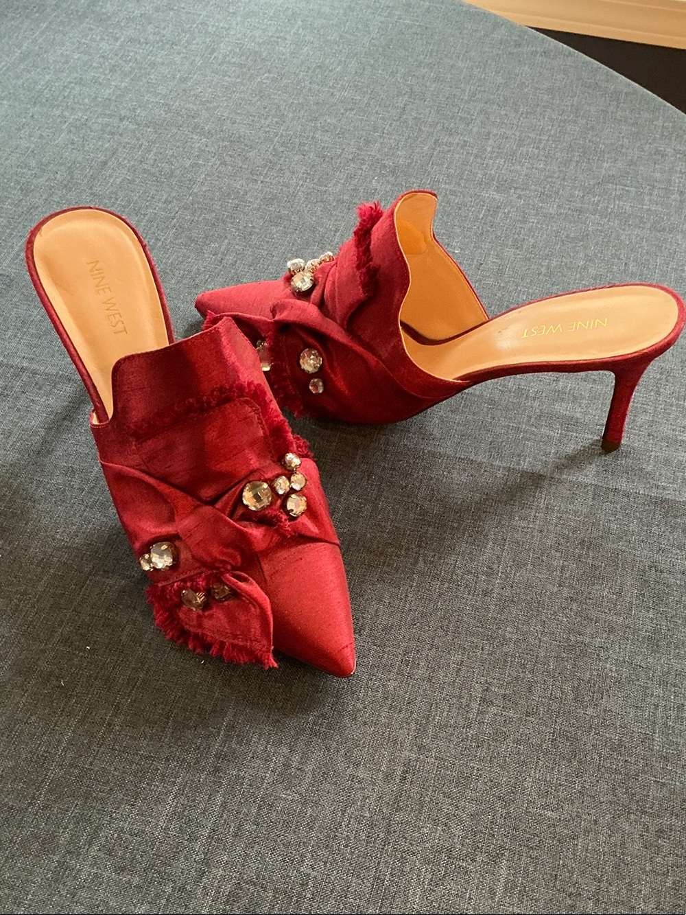 Nine West Wine Red Satin Jeweled Pointed-Toe Mule Heels